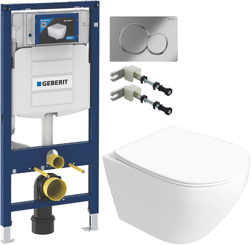 Комплект 5 в 1: Инсталляция Geberit Duofix UP 320 111.300.00.5 + Унитаз подвесной Кронборг S28401WH безободковый + Сиденье с микролифтом + Кнопка Sigma 01 хром + Крепления