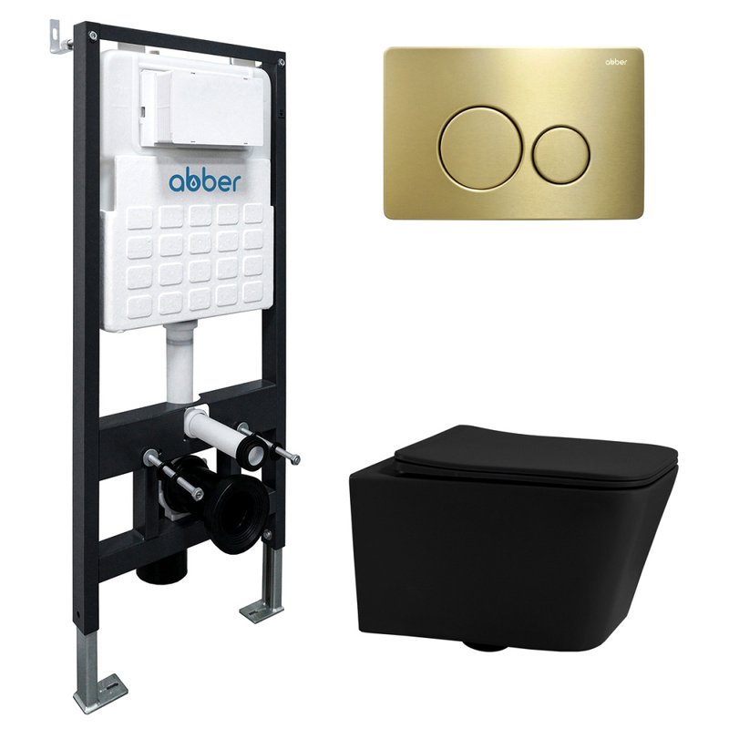 Комплект 4 в 1 Abber Rechteck AC1201MB-AC0105-AC0121MMG Унитаз подвесной безободковый, с микролифтом + Система инсталляции + Кнопка смыва матовое золото