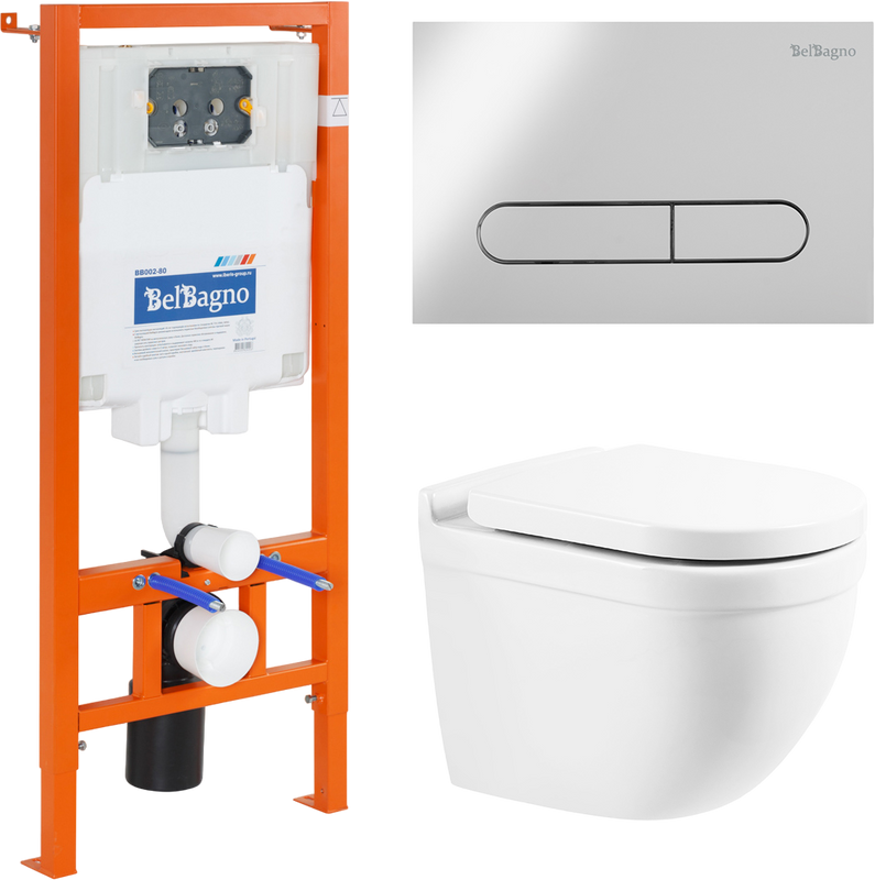 Комплект Унитаз подвесной BelBagno Senso-R BB017CHR безободковый, крышка BB865SC, инсталляция BB002-80 с кнопкой BB005-PR-CHROME