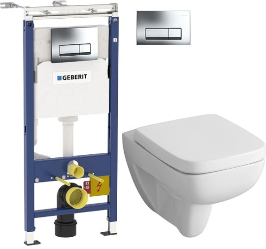 Комплект 3 в 1 Унитаз подвесной Geberit Renova Plan 202170000 + Инсталляция с кнопкой Duofix Платтенбау 458.125.21.1 + Звукоизоляция 156.050.00.1