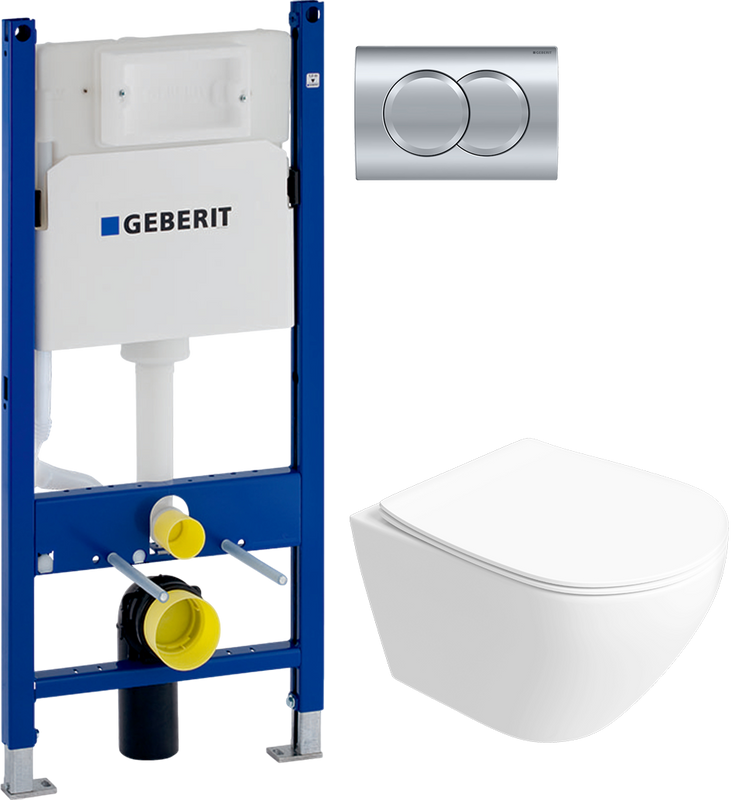 Комплект 5 в 1: Инсталляция Geberit Duofix Delta 458.149.21.1 + Унитаз подвесной Кронборг S28401WH безободковый + Сиденье с микролифтом + Кнопка хром + Крепления