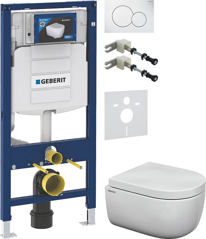 Комплект 5 в 1 Унитаз подвесной Berges Ego Rimless 082122 + Крепления Geberit Duofix 111.815.00.1 к стене + Звукоизоляция 156.050.00.1 + Инсталляция UP 320 111.300.00.5 + Кнопка Sigma 01 115.770.11.5