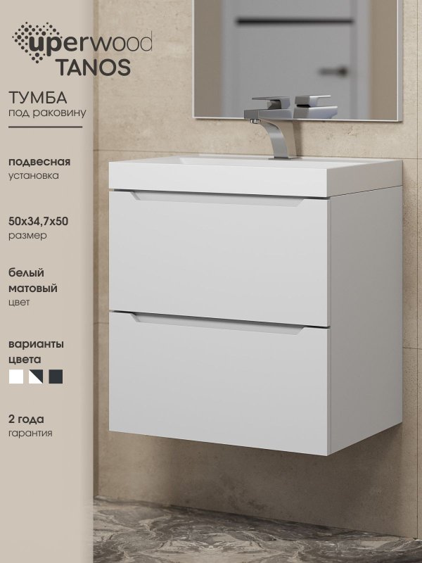 Тумба под раковину без столешницы Uperwood Tanos 50 подвесная, белая матовая