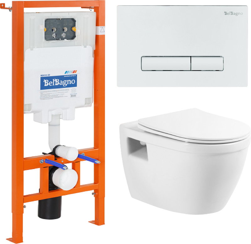 Комплект Унитаз подвесной BelBagno Loto BB070CHR/SC безободковый, с микролифтом, инсталляция BB002-80 с кнопкой BB018-GV-BIANCO