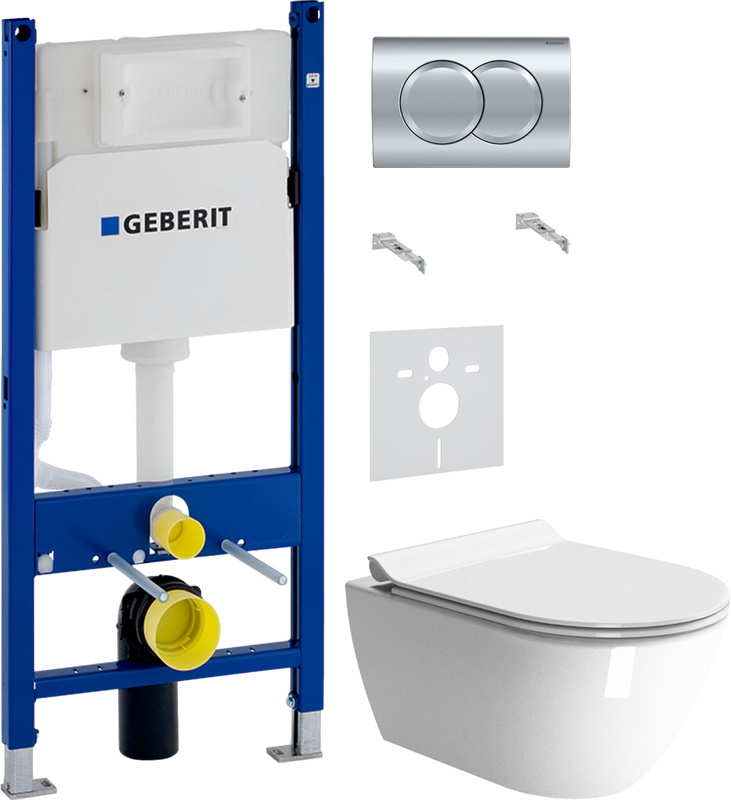 Комплект 4 в 1 Унитаз подвесной GSI Pura 881611 безободковый + Крышка Norm MS86CSN11 с микролифтом, белая + Инсталляция с кнопкой Geberit Duofix Delta 458.149.21.1 + Звукоизоляция 156.050.00.1