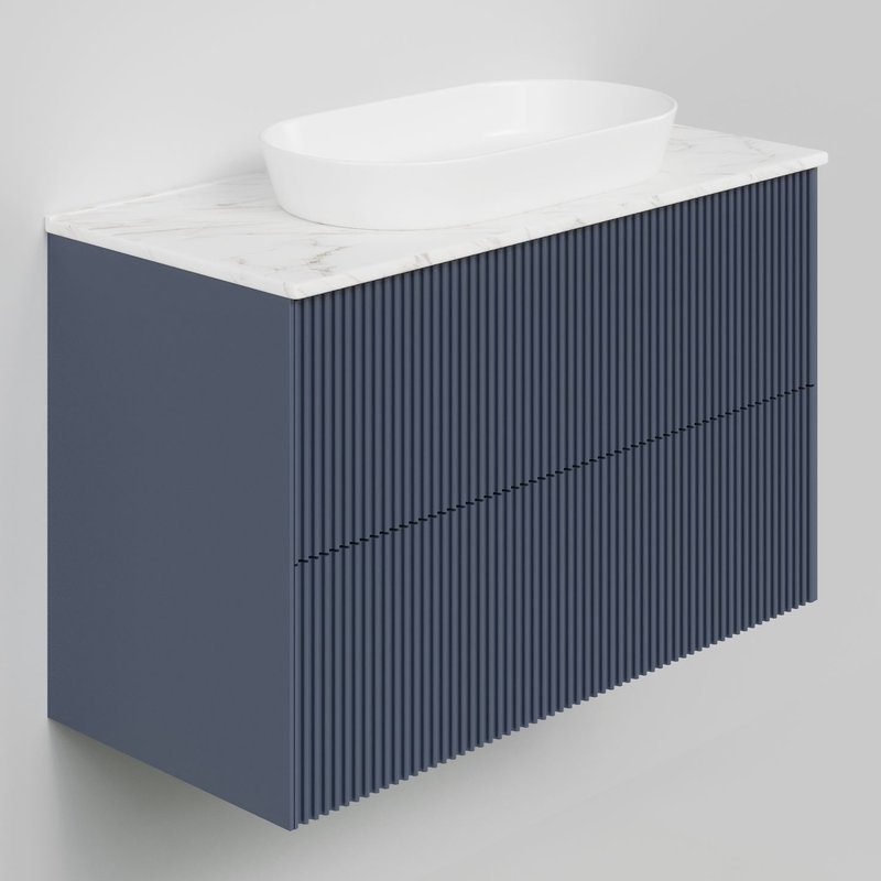 Тумба под раковину со столешницей La Fenice Terra Twin Blu Grigio 100 подвесная, синяя матовая, столешница белый мрамор