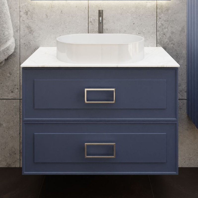 Тумба под раковину со столешницей La Fenice Cubo Twin Blu Grigio 100 подвесная, синяя матовая, столешница белый мрамор