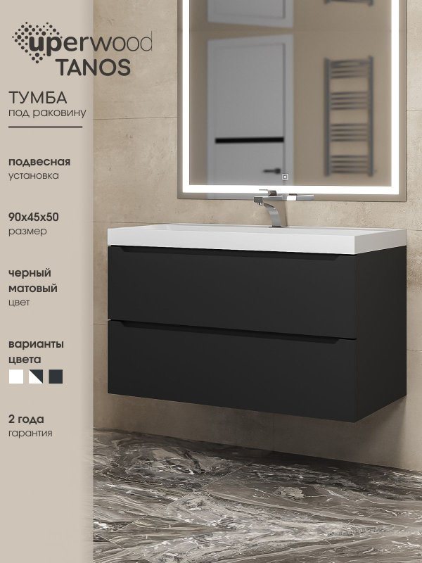 Тумба под раковину без столешницы Uperwood Tanos 90 подвесная, черная матовая
