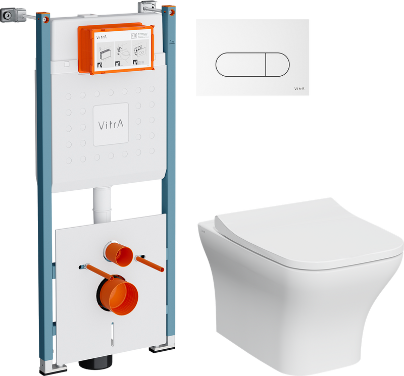 Комплект 4 в 1 Унитаз подвесной VitrA Zentrum Square 7484B003-0075 безободковый + Крышка Integra Square 191-003-009 с микролифтом + Инсталляция V-Fix Core 732-5800-01PV + Кнопка Root Round 740-2200