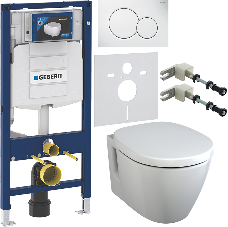 Комплект 6 в 1 Унитаз подвесной Ideal Standard Connect E781901 с функцией биде + Крышка E712701 с микролифтом, петли хром + Инсталляция Geberit Duofix UP 320 111.300.00.5 + Кнопка Sigma 01 115.770.11.5 + Крепления 111.815.00.1 к стене + Звукоизоляция 156.