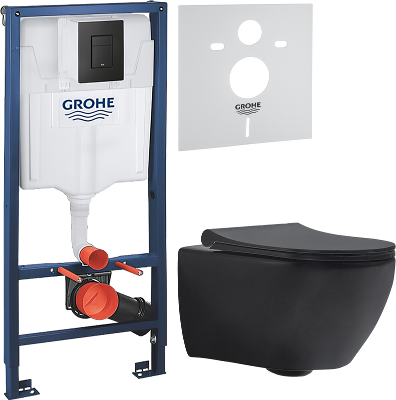 Комплект 3 в 1 Унитаз подвесной beWash Bogen 88303670 матовый черный + Звукоизоляция Grohe 37131000 + Инсталляция с кнопкой Solido 38811KF0