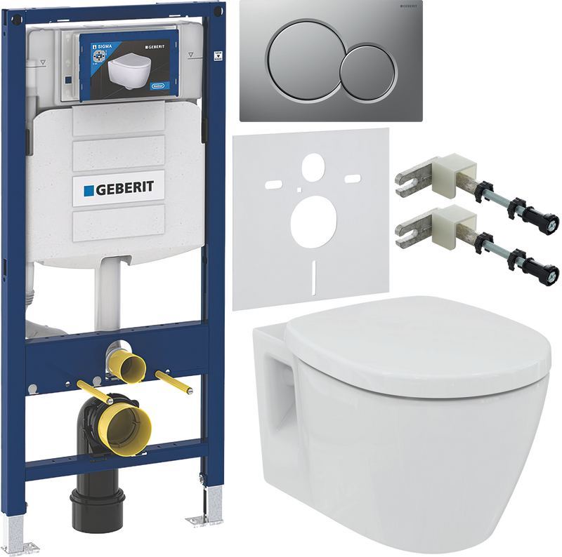 Комплект 6 в 1 Унитаз подвесной Ideal Standard Connect E803501 + Крышка E712801 + Инсталляция Geberit Duofix UP 320 111.300.00.5 + Кнопка Sigma 01 115.770.JQ.5 + Крепления 111.815.00.1 к стене + Звукоизоляция 156.050.00.1