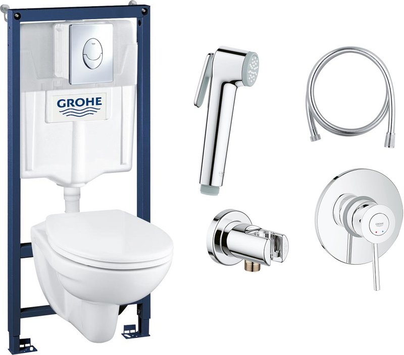 Комплект 2 в 1 Комплект 4 в 1 Grohe Solido 39192000 подвесной унитаз + инсталляция + кнопка + Гигиенический душ BauClassic 124901 со смесителем, С ВНУТРЕННЕЙ ЧАСТЬЮ