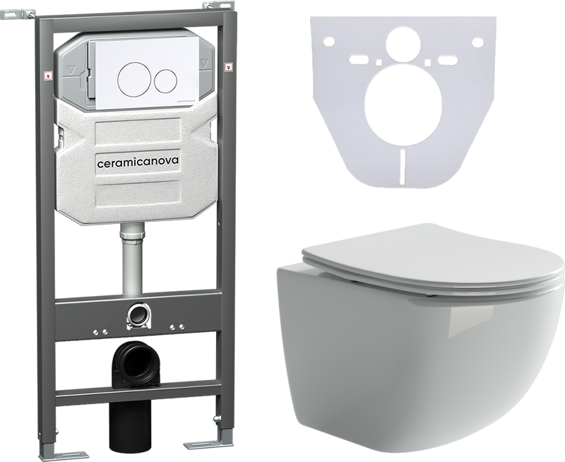 Комплект Унитаз подвесной Ceramicanova Forma CN3009 безободковый, с микролифтом + Инсталляция Envision CN1001W + Кнопка Round, белая