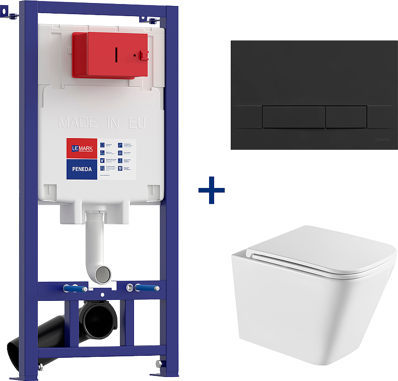 Комплект 4 в 1 Lemark Florex 100802420 безободковый, с микролифтом, кнопка смыва матовая черная soft touch