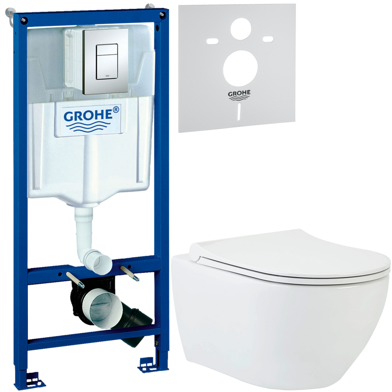 Комплект 3 в 1 Унитаз подвесной beWash Bogen 88303601 глянцевый белый + Инсталляция с кнопкой Grohe Rapid SL 38772001 + Звукоизоляция 37131000