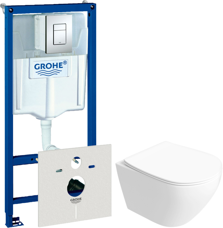 Комплект 6 в 1: Инсталляция Grohe Rapid SL 38775001 + Унитаз подвесной Кронборг S28401WH безободковый + Сиденье с микролифтом + Кнопка Skate Cosmopolitan + Комплект шумоизоляции, креплений
