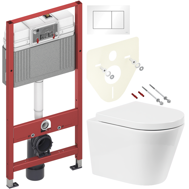 Комплект 3 в 1 Унитаз подвесной BelBagno Flay-r BB053CHR + Крышка Marino BB105SC с микролифтом, петли хром + Инсталляция с кнопкой TECE Base 9400413