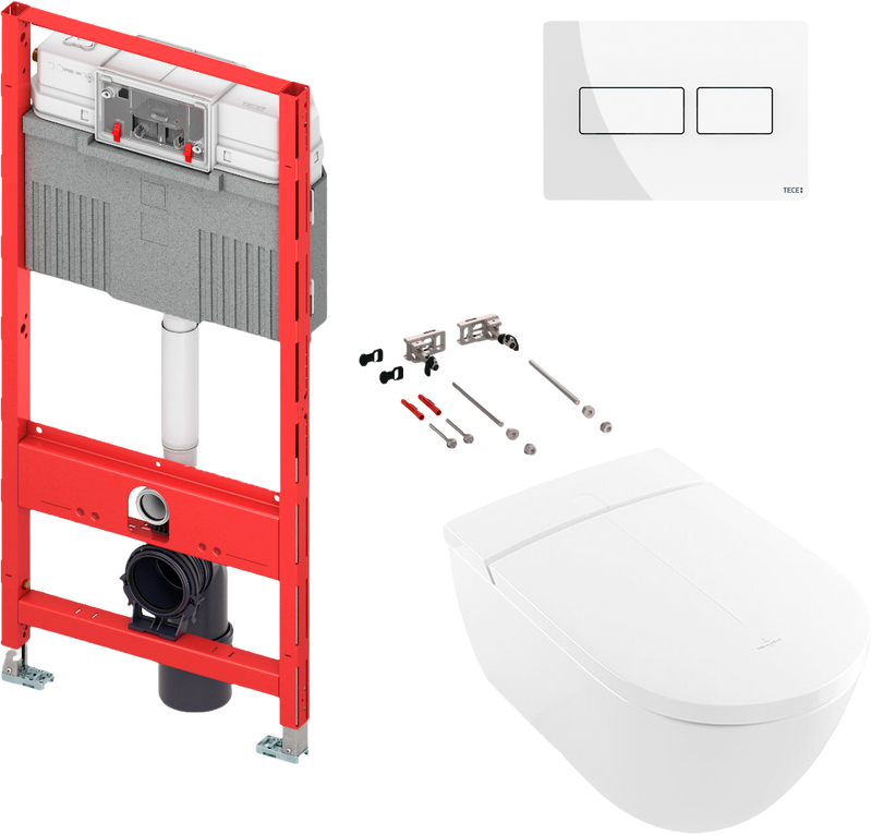 Комплект 5 в 1 Умный унитаз Villeroy & Boch Viclean V0E100R1 + Инсталляция TECE Profil TECEprofil Uni 2.0 9300302 + Кнопка TECEsolid 9240432 + Рамка Now 9240410 белая + Крепления TECEprofil 9380014