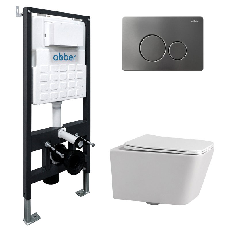 Комплект 4 в 1 Abber Rechteck AC1201-AC0105-AC0121NG Унитаз подвесной безободковый, с микролифтом + Система инсталляции + Кнопка смыва никель