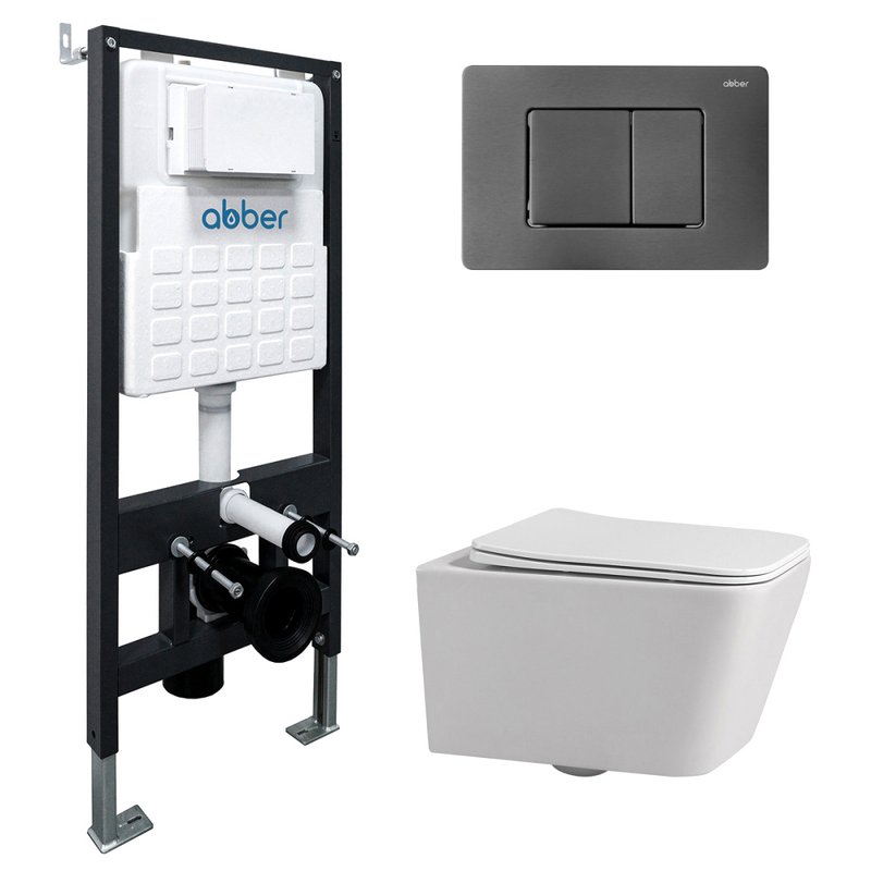 Комплект 4 в 1 Abber Rechteck AC1201-AC0105-AC0120NG Унитаз подвесной безободковый, с микролифтом + Система инсталляции + Кнопка смыва никель
