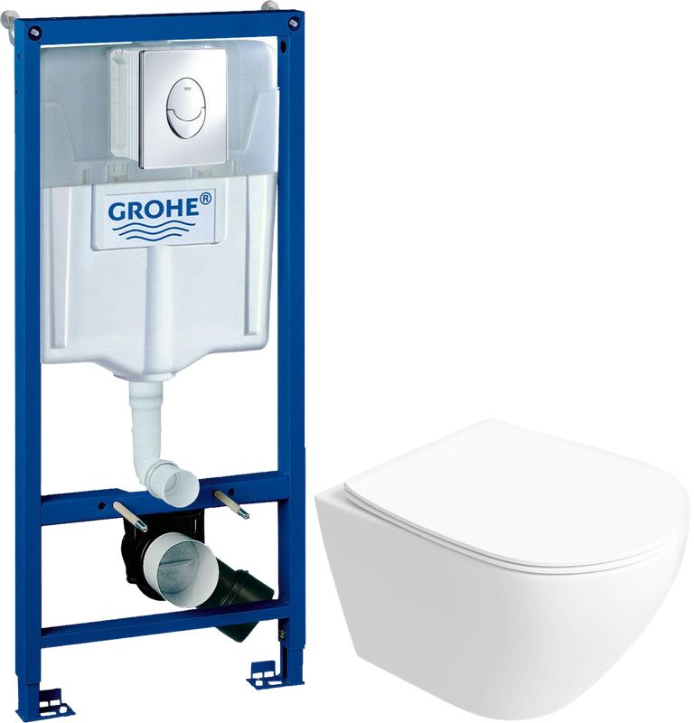 Комплект 5 в 1: Инсталляция Grohe Rapid SL 38721001 + Унитаз подвесной Кронборг S28401WH безободковый + Сиденье с микролифтом + Кнопка Skate Air + Крепления