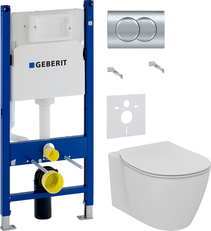 Комплект 4 в 1 Унитаз подвесной Ideal Standard Connect AquaBlade E047901 + Крышка E772301 + Инсталляция с кнопкой Geberit Duofix Delta 458.149.21.1 + Звукоизоляция 156.050.00.1