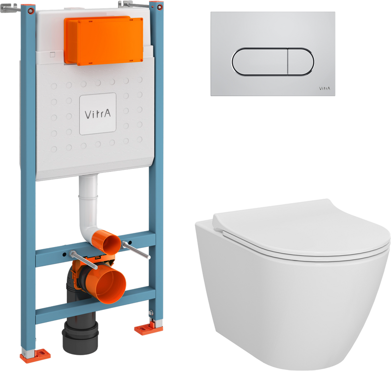 Комплект Унитаз подвесной VitrA Sanibelle белый глянцевый + Крышка с микролифтом, петли хром + Инсталляция VitrA V-Fix Core + Кнопка смыва Root Square 740-2380 хром