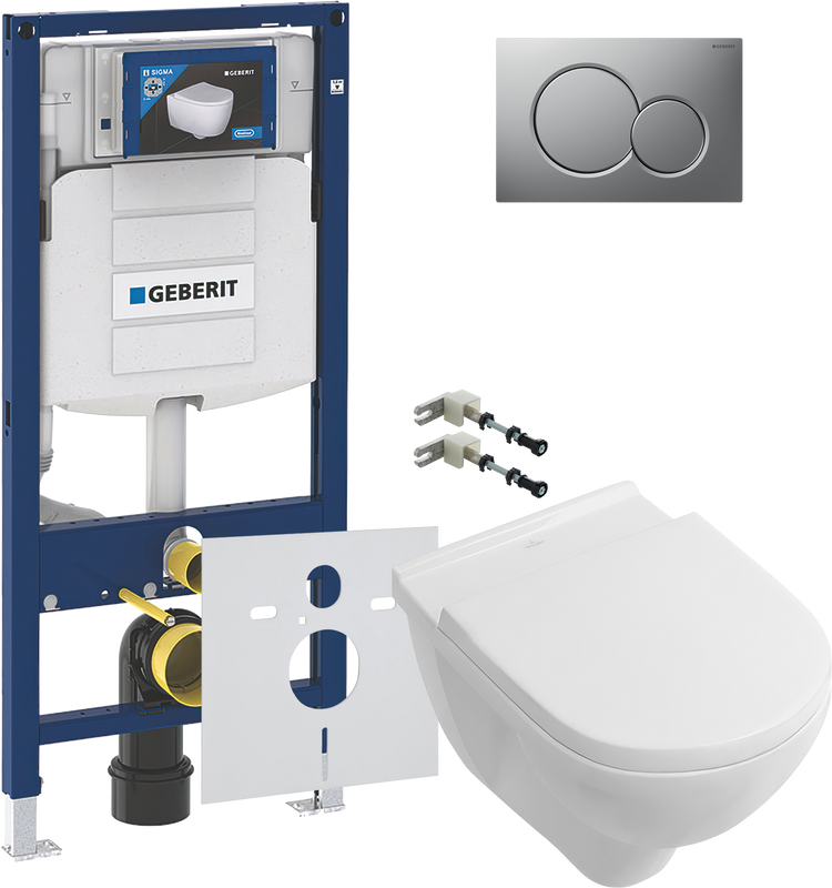 Комплект Унитаз подвесной Villeroy & Boch O.Novo 5660HR01 + Крепления Geberit Duofix 111.815.00.1 к стене + Звукоизоляция 156.050.00.1 + Инсталляция UP 320 111.300.00.5 + Кнопка Sigma 01 115.770.JQ.5 лакированная, матовый хром