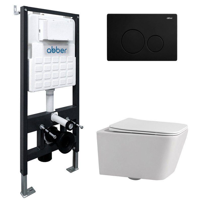 Комплект 4 в 1 Abber Rechteck AC1201-AC0105-AC0121MB Унитаз подвесной безободковый, с микролифтом + Система инсталляции + Кнопка смыва матовая черная