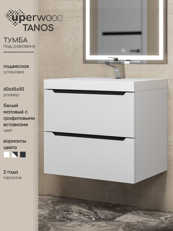 Тумба под раковину без столешницы Uperwood Tanos 60 подвесная, белая, графит
