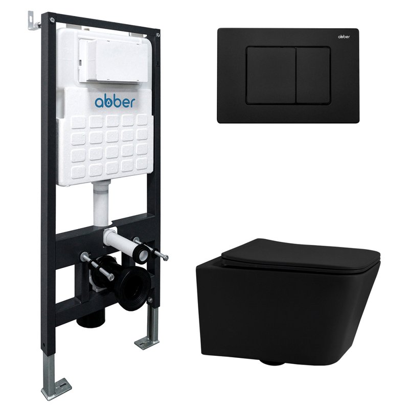 Комплект 4 в 1 Abber Rechteck AC1201MB-AC0105-AC0120MB Унитаз подвесной безободковый, с микролифтом + Система инсталляции + Кнопка смыва матовая черная
