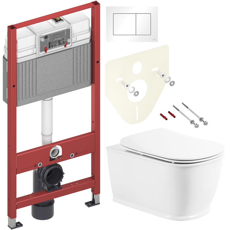 Комплект 3 в 1 Унитаз подвесной BelBagno Prado BB10150CH безободковый + Крышка BB10150SC с микролифтом, петли хром + Инсталляция с кнопкой TECE Base 9400413