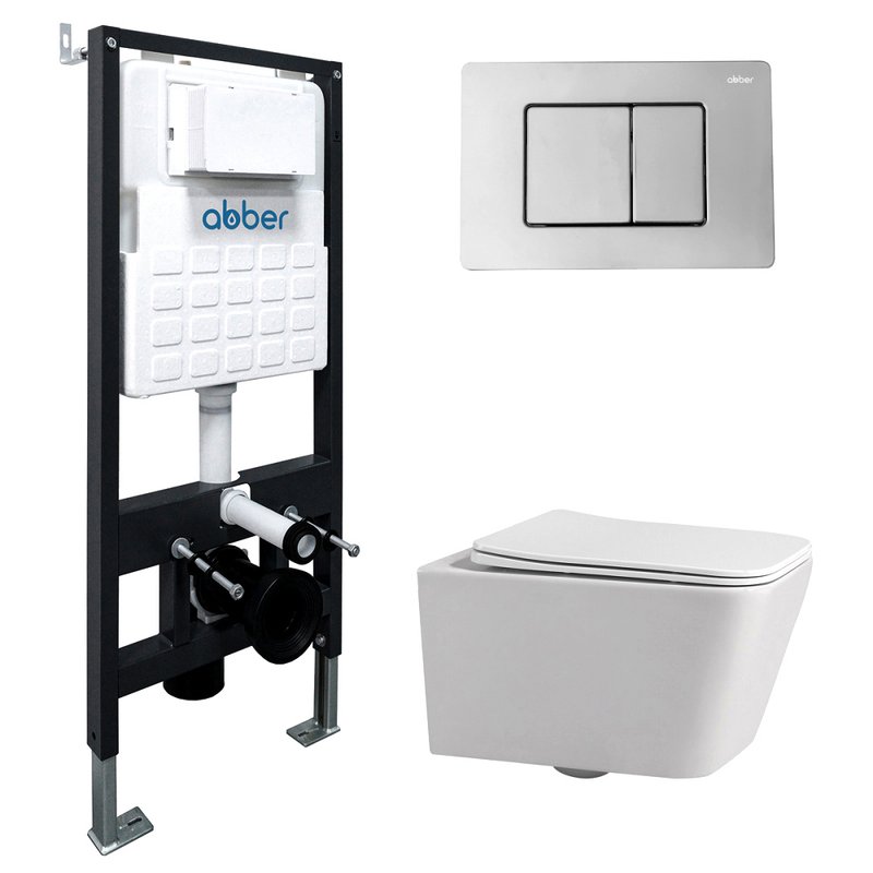 Комплект 4 в 1 Abber Rechteck AC1201-AC0105-AC0120 Унитаз подвесной безободковый, с микролифтом + Система инсталляции + Кнопка смыва хром