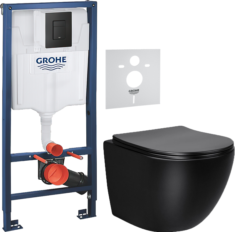 Комплект 3 в 1 Унитаз подвесной Vincea Globo VT1-14SMB + Звукоизоляция Grohe 37131000 + Инсталляция с кнопкой Solido 38811KF0