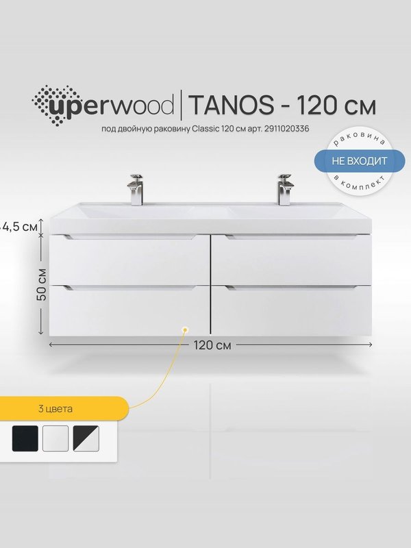 Тумба под раковину без столешницы Uperwood Tanos 120 подвесная, 4 ящика, матовая белая