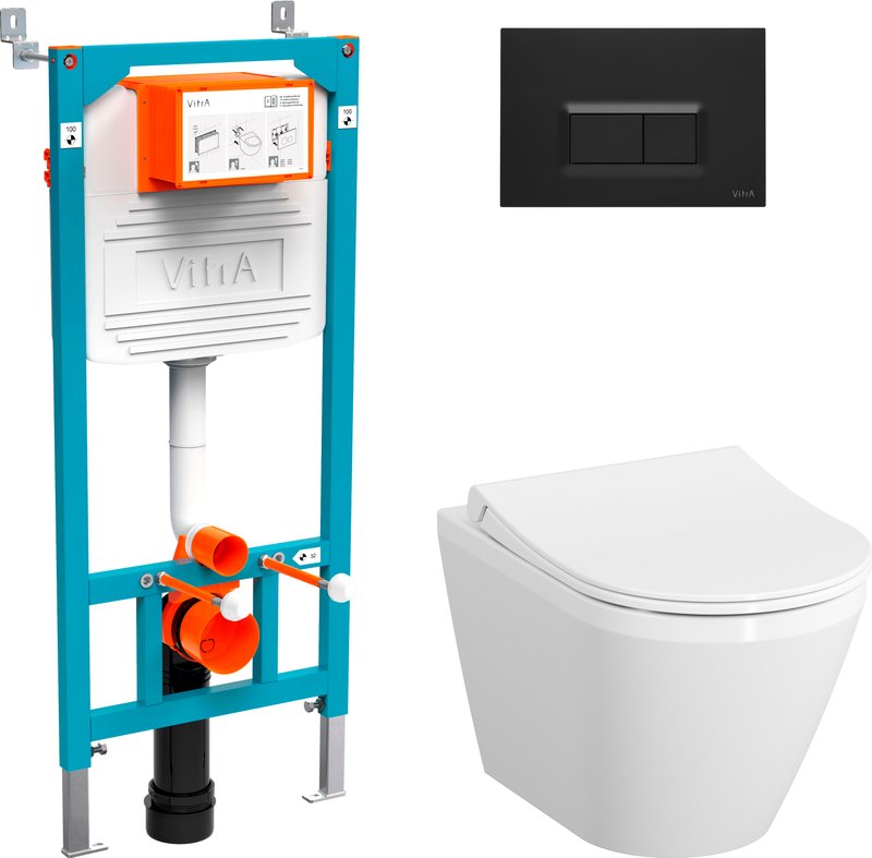 Комплект 3 в 1 Унитаз подвесной VitrA Integra 7040B003-0075 + Крышка 110-003-019 + Инсталляция 800-2014 с кнопкой смыва, черная
