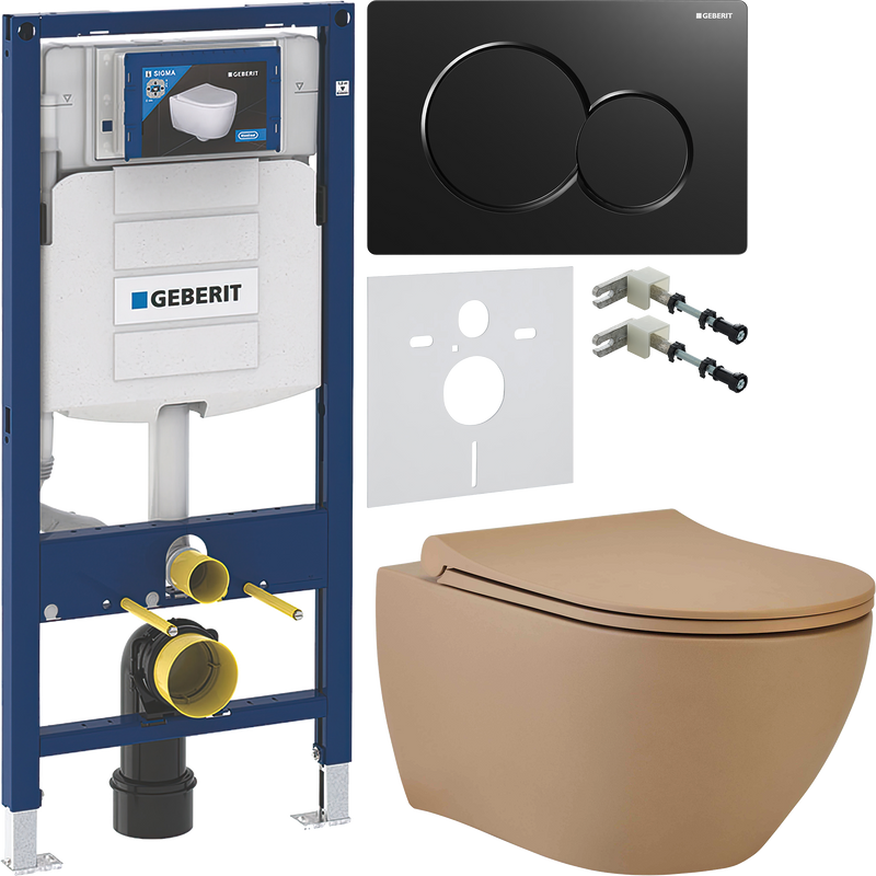 Комплект 5 в 1 Унитаз подвесной beWash Bogen 88303273 латте + Крепления Geberit Duofix 111.815.00.1 к стене + Звукоизоляция 156.050.00.1 + Инсталляция UP 320 111.300.00.5 + Кнопка Sigma 01 115.770.DW.5