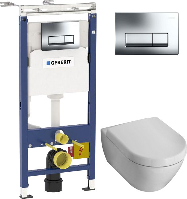 Комплект 3 в 1 Унитаз подвесной Villeroy & Boch Subway 2.0 5600 1001 alpin + Крышка 9M68 S101 с микролифтом, петли хром + Инсталляция с кнопкой Geberit Duofix Платтенбау 458.125.21.1
