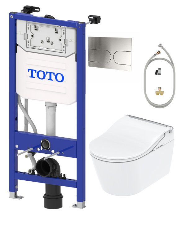 Комплект 5 в 1 Унитаз подвесной Toto RP CW542ERY безободковый + Крышка Washlet RW EWATER+ TCF802C2G с дистанционным управлением + Инсталляция Washlet WH182EAT + Кнопка MB175MSS + Крепления SP10695UN со скрытыми соединениями