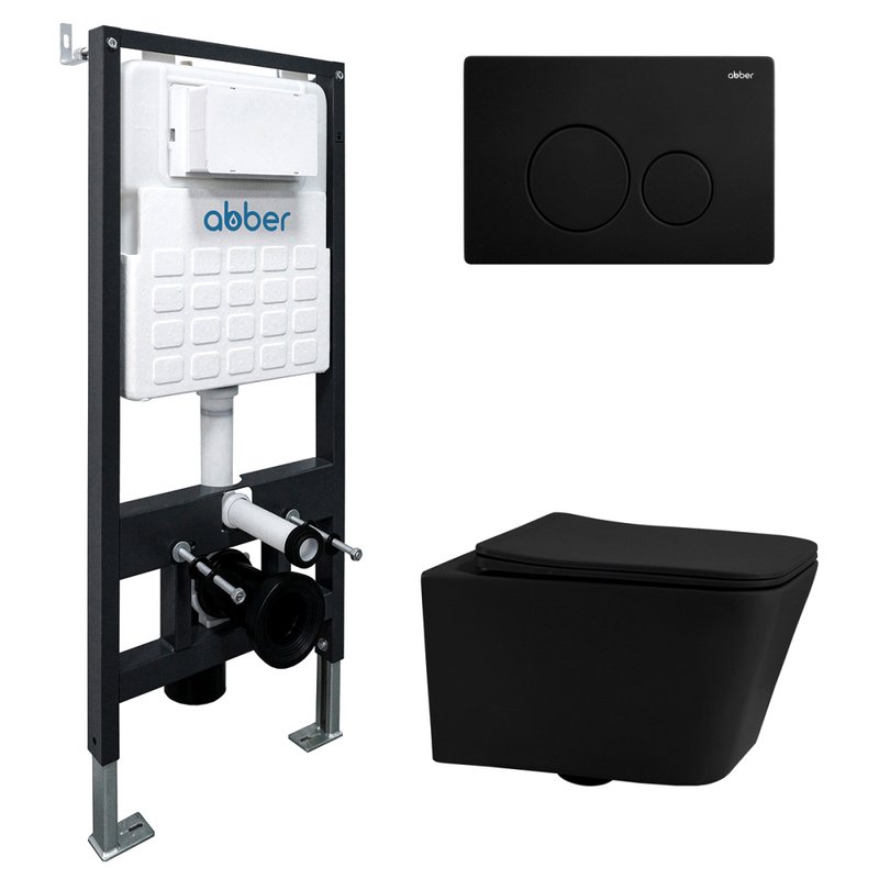 Комплект 4 в 1 Abber Rechteck AC1201MB-AC0105-AC0121MB Унитаз подвесной безободковый, с микролифтом + Система инсталляции + Кнопка смыва матовая черная
