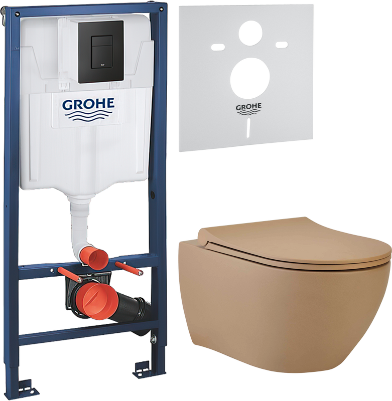 Комплект 3 в 1 Унитаз подвесной beWash Bogen 88303273 латте + Звукоизоляция Grohe 37131000 + Инсталляция с кнопкой Solido 38811KF0