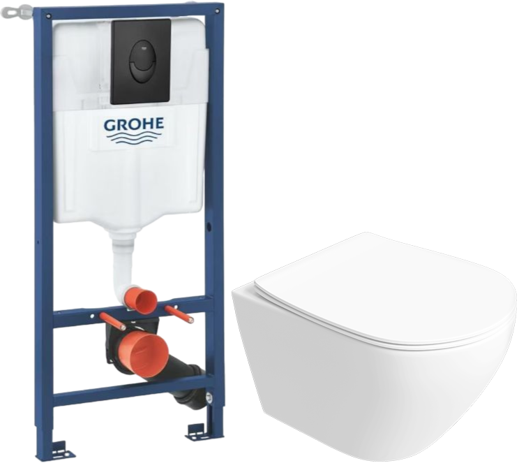 Комплект 5 в 1: Инсталляция Grohe Rapid SL 1000044 + Унитаз подвесной Кронборг S28401WH безободковый + Сиденье с микролифтом + Кнопка Skate Air + Крепления