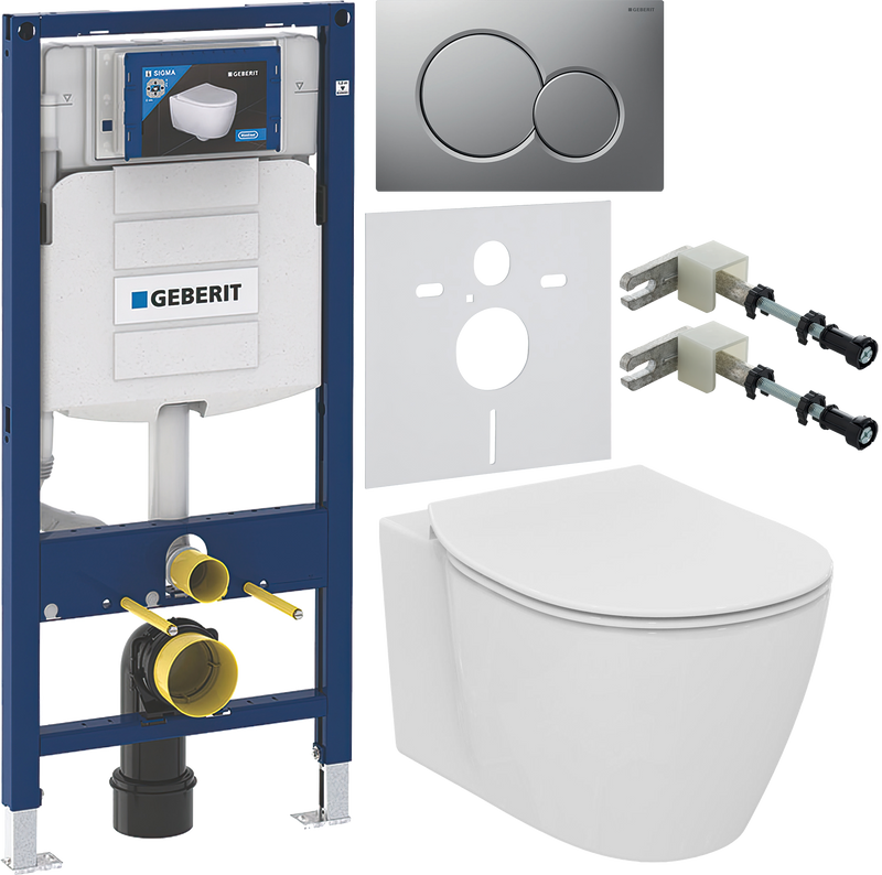Комплект 6 в 1 Унитаз подвесной Ideal Standard Connect AquaBlade E047901 + Крышка E772401 с микролифтом + Инсталляция Geberit Duofix UP 320 111.300.00.5 + Кнопка Sigma 01 115.770.JQ.5 + Крепления 111.815.00.1 к стене + Звукоизоляция 156.050.00.1