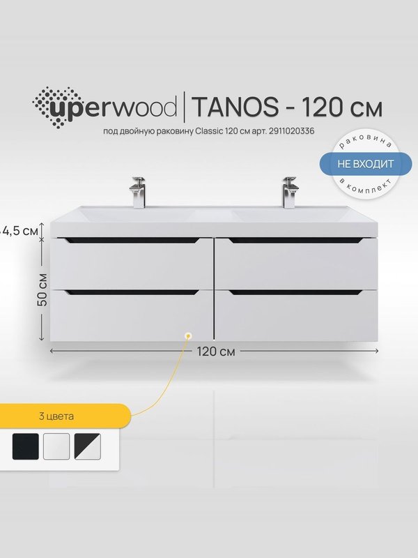Тумба под раковину без столешницы Uperwood Tanos 120 подвесная, 4 ящика, матовая белая, графит