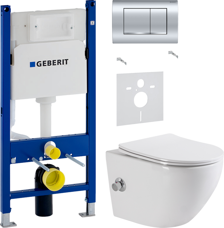 Комплект 3 в 1 Унитаз подвесной BelBagno Uno BB3105CHR-BS/SC + Звукоизоляция Geberit 156.050.00.1 + Инсталляция с кнопкой Duofix Delta 458.163.21.1