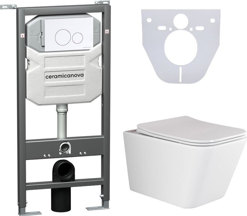 Комплект Унитаз подвесной Ceramicanova Metric CN3007 безободковый, с микролифтом + Инсталляция Envision CN1001W + Кнопка Round, белая