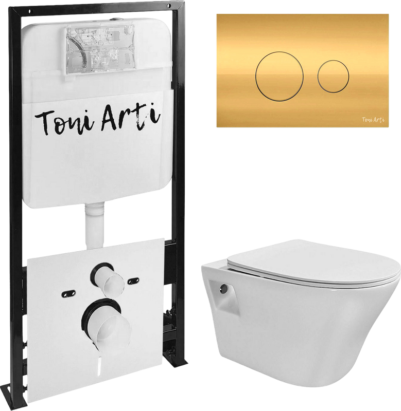 Комплект Унитаз подвесной Toni Arti Lamoli TA-LL4937 безободковый, с микролифтом + Система инсталляции для унитазов Toni Arti TA-01 + Кнопка смыва Toni Arti Baglio TA-0085 золото глянец